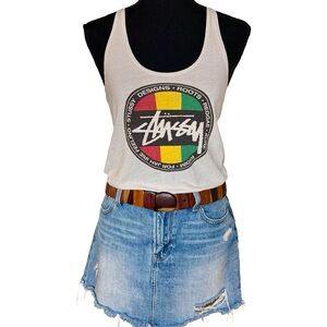Vintage 1990s Stussy White Tank Top - Rydim for Jah Irie Feeling - Size Small